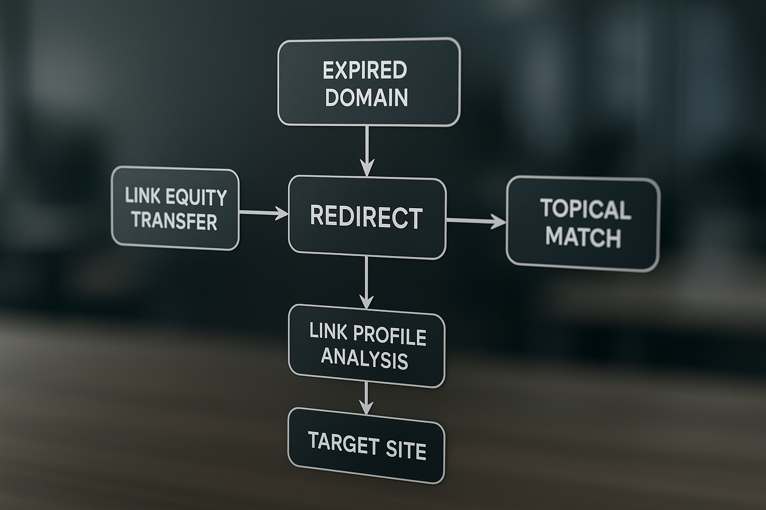 Expired domain 301 redirect SEO - Digital flowchart showing link equity transfer and topical match