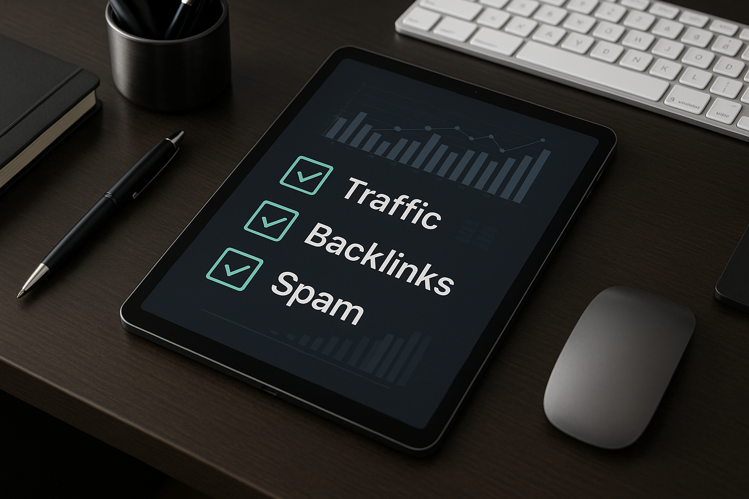 Expired domains checklist - Tablet on desk showing checklist with digital evaluation metrics