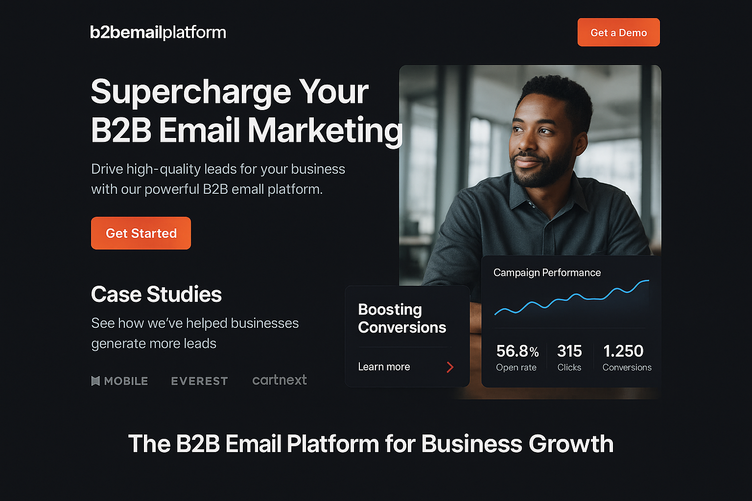 b2bemailplatform.com website mockup