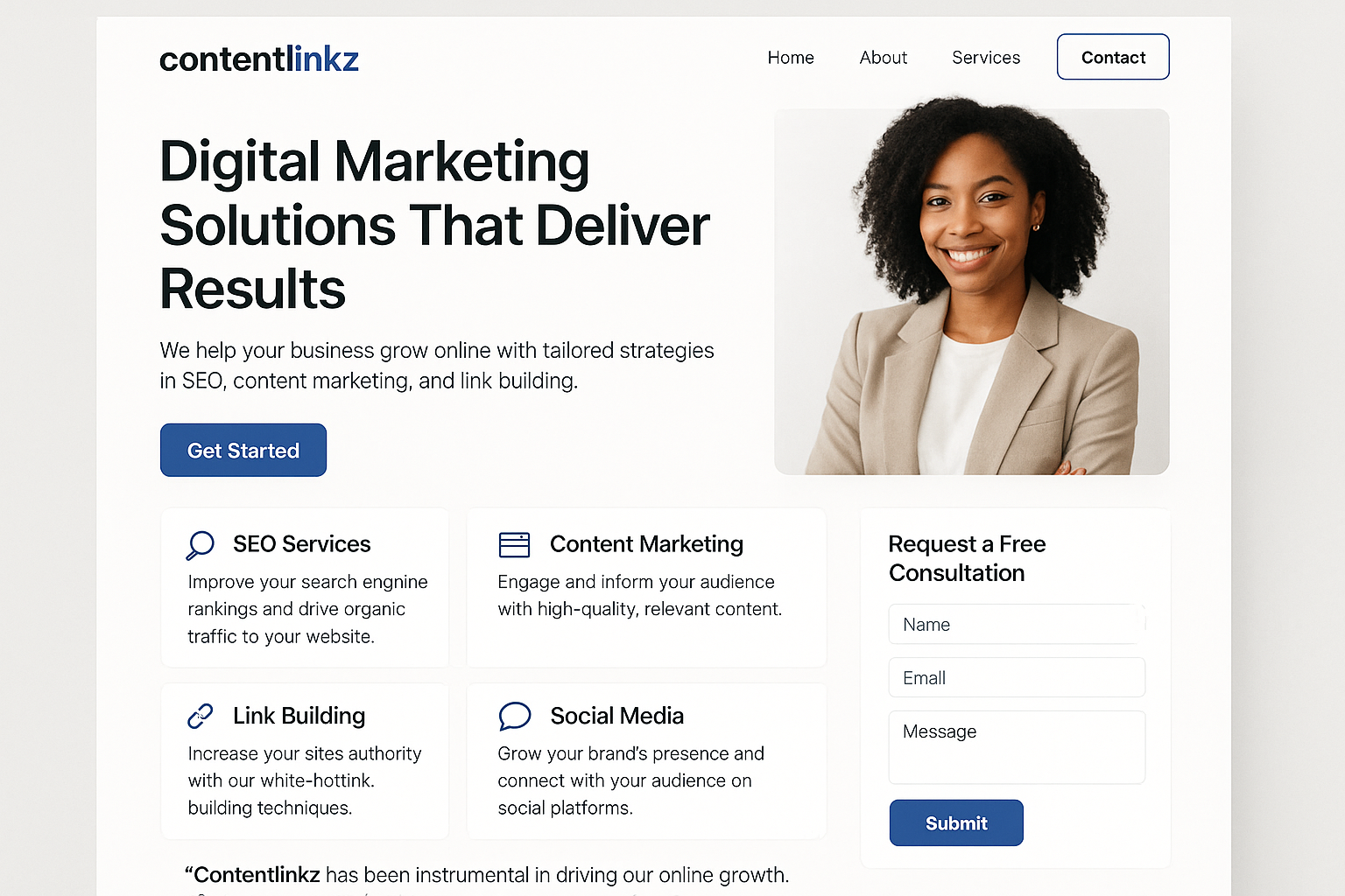 contentlinkz.com website mockup
