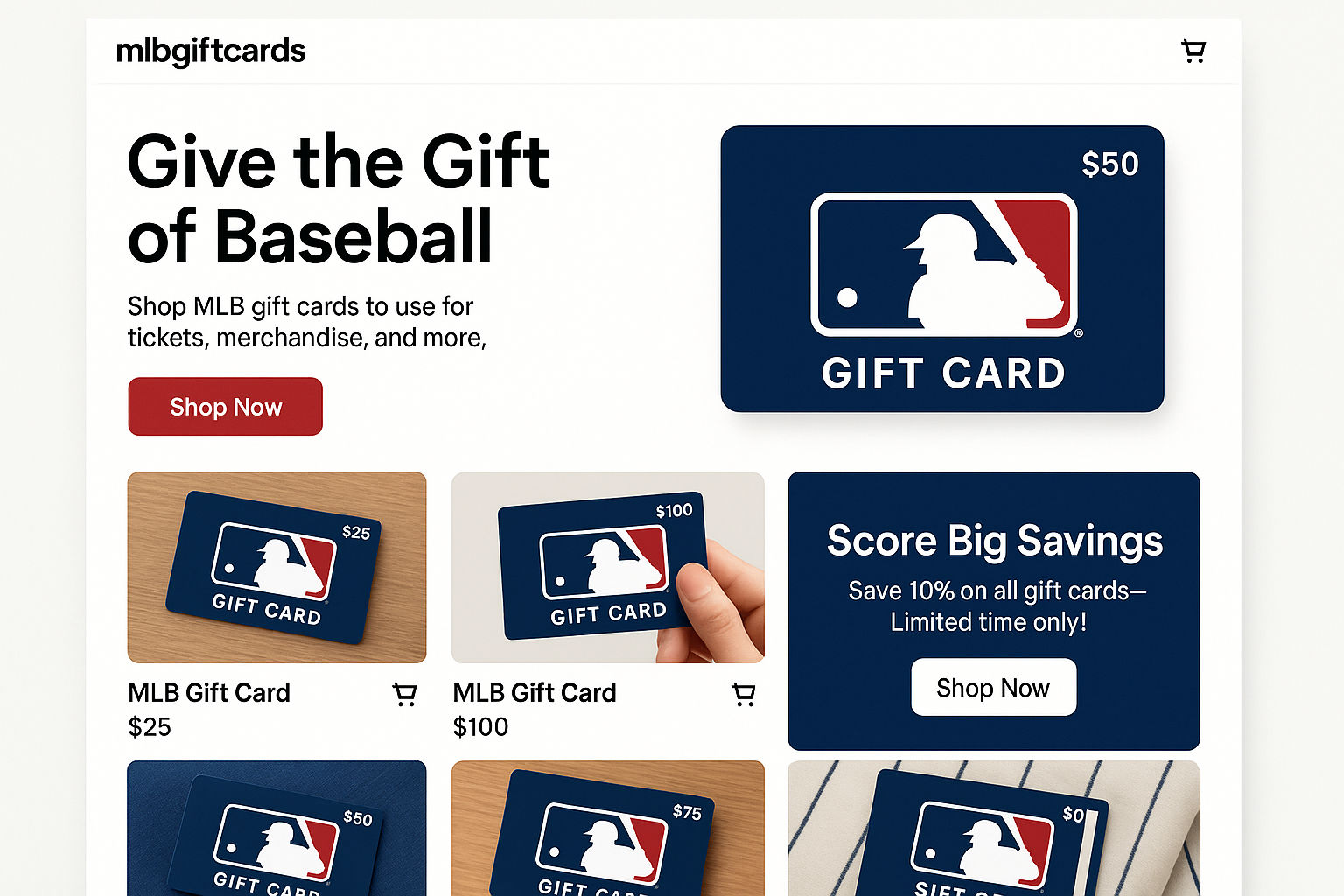 mlbgiftcards.com website mockup