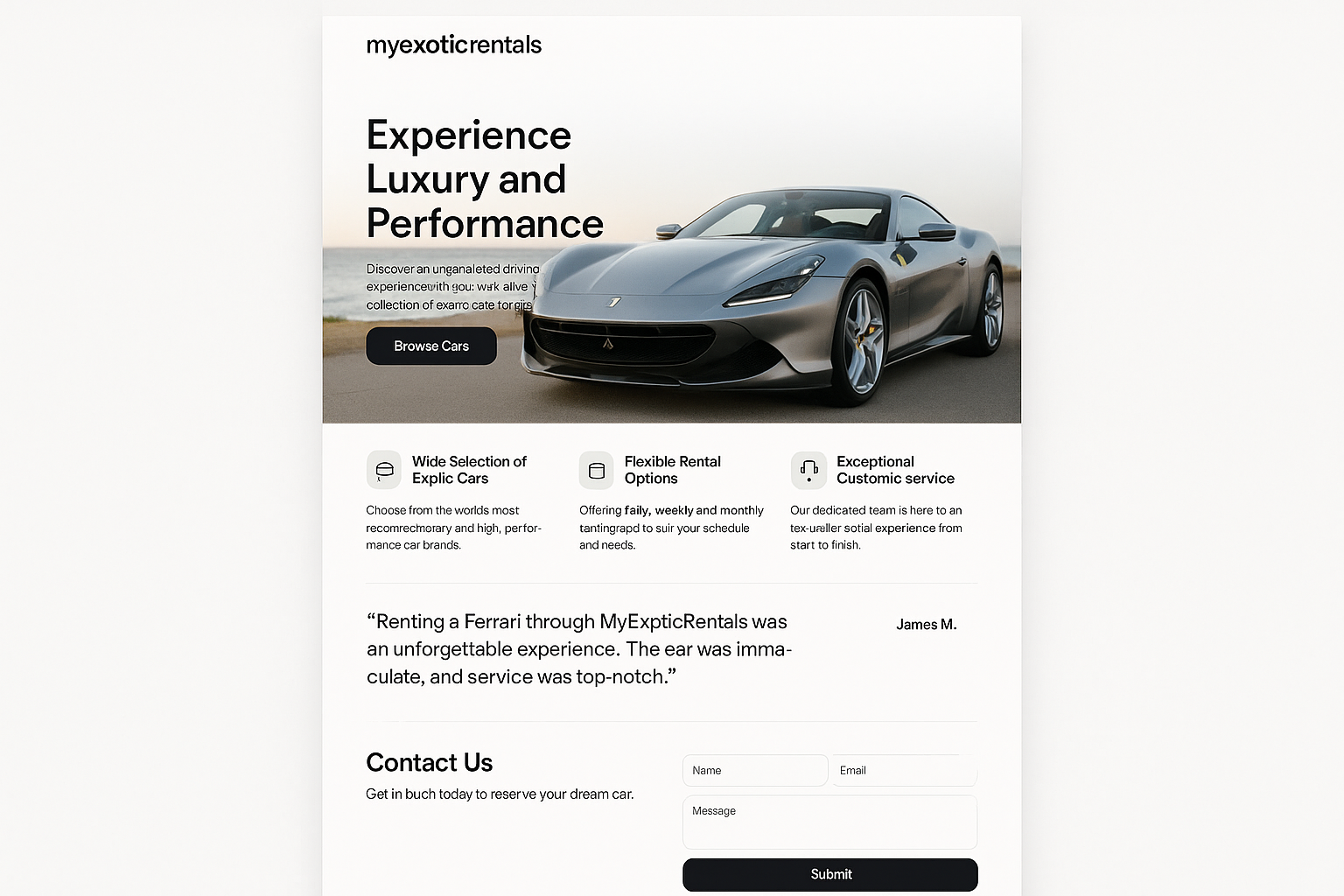 myexoticrentals.com website mockup